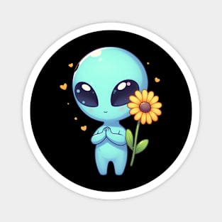 Cute Alien With Yellow Flower Magnet